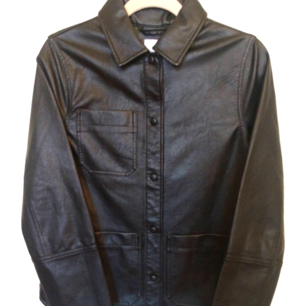 H&M black faux leather shirt jacket.